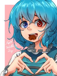 Rule 34 | 1girl, absurdres, blue eyes, blue hair, candy, chocolate, chocolate heart, commentary, english commentary, english text, food, food in mouth, happy valentine, heart, heart-shaped pupils, heart hands, heterochromia, highres, hippppodraw, looking at viewer, pink background, red eyes, short hair, solo, symbol-shaped pupils, tatara kogasa, touhou, upper body
