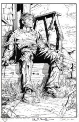 Rule 34 | 1boy, claws, cloud, commentary, english commentary, facial hair, greyscale, hill, knife, male focus, marvel, messy hair, monochrome, official art, outdoors, pants, second-party source, sitting, steve mcniven, torn clothes, western comics (style), wolverine (x-men), x-men