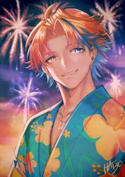 Rule 34 | 1boy, aerial fireworks, ahoge, artist name, black hair, chain, chain necklace, commentary request, earrings, fangs, fireworks, floral print, gold chain, grin, hair intakes, hat 30, heterochromia, highres, holostars, japanese clothes, jewelry, kimono, looking ahead, male focus, mole, mole under eye, multicolored eyes, multicolored hair, necklace, orange eyes, orange hair, outdoors, print kimono, purple eyes, signature, smile, solo, stud earrings, sunset, teeth, upper body, virtual youtuber, yukata, yukoku roberu