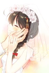 Rule 34 | 10s, 1girl, braid, bridal veil, bride, dress, closed eyes, hair flaps, hair ornament, hair over shoulder, hair ribbon, hand on another&#039;s face, hand on hand, jewelry, kantai collection, naoto (tulip), remodel (kantai collection), ribbon, ring, shigure (kancolle), side braid, single braid, smile, solo focus, strapless, strapless dress, veil, wedding band, wedding dress