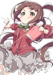 Rule 34 | 1girl, :q, blush, bow, bowtie, brown eyes, brown hair, buttons, character name, collar, collared shirt, cowboy shot, dot nose, frilled skirt, frills, green bow, green bowtie, grey skirt, hair tie, holding, holding notebook, holding pen, idolmaster, idolmaster million live!, idolmaster million live! theater days, kuresuku (lessons), long hair, long sleeves, matsuda arisa, notebook, pen, red shirt, shirt, sidelocks, simple background, skirt, solo, thighhighs, tongue, tongue out, twintails, v-shaped eyebrows, very long hair, white background, white collar, white thighhighs, wind, wind lift, zettai ryouiki
