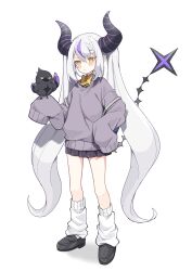 Rule 34 | ahoge, black horns, bow, bowtie, braid, braided bangs, crow (la+ darknesss), grey hair, highres, hololive, horns, la+ darknesss, long hair, multicolored hair, pointy ears, purple hair, sentouryoku 5, sleeves past fingers, sleeves past wrists, streaked hair, striped horns, sweater, twintails, very long hair, virtual youtuber, yellow bow, yellow bowtie, yellow eyes