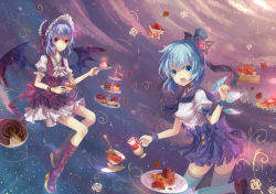 Rule 34 | 2girls, alternate costume, ascot, bat wings, blue eyes, blue hair, blue thighhighs, bonnet, boots, cake, cioccoleti, cirno, colored eyelashes, cup, floating, food, fruit, hat, knee boots, light purple hair, lolita fashion, looking at viewer, mini hat, mini top hat, multiple girls, open mouth, pastry, pie, red eyes, remilia scarlet, sailor collar, saucer, short hair, skirt, sky, smile, strawberry, teacup, teapot, thighhighs, tiered tray, top hat, touhou, wings, wrist cuffs, zettai ryouiki