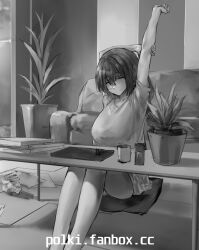 Rule 34 | 1girl, closed eyes, couch, desk, glasses, greyscale, hand up, highres, long hair, monochrome, on floor, original, plant, polki