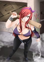 Rule 34 | 1girl, baseball bat, bra, breasts, brown eyes, claudia dragneel, cleavage, delinquent, erza scarlet, fairy tail, headband, highres, large breasts, long hair, navel, red hair, tagme, underwear