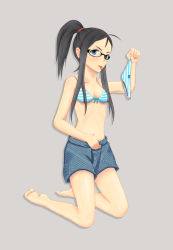 Rule 34 | 1girl, :p, bad id, bad pixiv id, black hair, blue eyes, bra, glasses, kneeling, lingerie, no panties, panties, ponytail, shichimi (ucc), shorts, solo, striped clothes, striped panties, tongue, tongue out, underwear