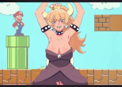 Rule 34 | 1boy, 1girl, animated, animated gif, arms up, blonde hair, blue eyes, bouncing breasts, bowsette, breasts, cleavage, clenched teeth, cloud, crown, dress, gameplay mechanics, horns, jumping, large breasts, mario, mario (series), new super mario bros. u deluxe, nintendo, smoking pipe, ponytail, sky, sleeveless, sleeveless dress, strapless, strapless dress, super crown, super mario bros. 1, teeth