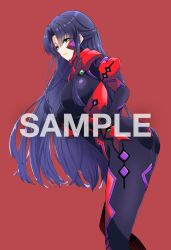 Rule 34 | 1girl, ass, blue hair, breasts, bright pupils, brown eyes, commission, fortified suit, from side, hair behind ear, kamon rider, large breasts, leaning forward, looking at viewer, muv-luv, muv-luv alternative, original, parted bangs, pilot suit, red background, sample watermark, skeb commission, smile, solo, watermark, white pupils