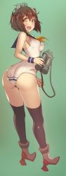 Rule 34 | 10s, 1girl, adapted costume, ass, bare shoulders, binoculars, black thighhighs, blue sailor collar, breasts, brown eyes, brown hair, dress, full body, green background, headgear, highres, kantai collection, leotard, looking at viewer, looking back, medium breasts, neckerchief, open mouth, sailor collar, sailor dress, short hair, simple background, smile, solo, standing, takeda aranobu, teeth, thighhighs, twisted torso, upper teeth only, yellow neckerchief, yukikaze (kancolle)