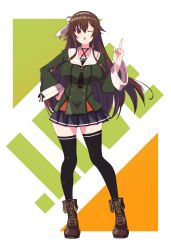 Rule 34 | .live, black legwear, boots, breasts, brown hair, collarbone, full body, green background, highres, large breasts, lecturing, looking at viewer, one eye closed, open mouth, pointing, red eyes, rune (ru-nn), school uniform, simple background, solo, virtual youtuber, yaezawa natori