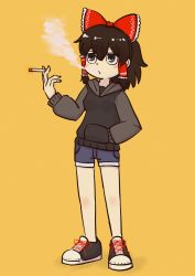 Rule 34 | 1girl, bad id, bad twitter id, black eyes, black footwear, black hair, black hoodie, blue shorts, blush, bow, breasts, cigarette, commentary request, cookie (touhou), frilled bow, frilled hair tubes, frills, full body, hair between eyes, hair bow, hair tubes, hakurei reimu, hand in pocket, highres, holding, holding cigarette, hood, hood down, hoodie, looking afar, maru (cookie), medium hair, open mouth, red bow, shoes, short shorts, shorts, simple background, small breasts, smoke, smoking, sneakers, solo, standing, tatamaru5382, touhou, yellow background
