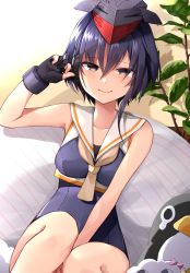 Rule 34 | 1girl, bare arms, bare shoulders, between legs, black gloves, black headwear, black one-piece swimsuit, blush, breasts, brown eyes, closed mouth, collarbone, crop top, cushion, failure penguin, framed breasts, gloves, hand between legs, highres, i-13 (kancolle), indoors, kantai collection, katsuobushi (eba games), leaf, looking at viewer, miss cloud, one-piece swimsuit, partially fingerless gloves, purple hair, short hair, single glove, sitting, sleeveless, small breasts, smile, swimsuit