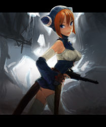 Rule 34 | 1girl, animal ears, animal hood, blue eyes, breasts, breath of fire, breath of fire v, cat ears, cat hood, closed mouth, commentary request, dress, gloves, gun, hood, lin (breath of fire), looking at viewer, mitosa, ribbed sweater, short hair, sleeveless, sweater, tail, thighhighs, weapon