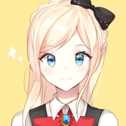 Rule 34 | 1girl, bad id, bad pixiv id, black bow, blonde hair, blue eyes, bow, braid, commentary request, danganronpa (series), danganronpa 2: goodbye despair, dot nose, hair bow, jewelry, long hair, looking at viewer, lowres, ponytail, portrait, red bow, red neckwear, shirt, simple background, smile, solo, sonia nevermind, star (symbol), white shirt, yellow background, yuhi (hssh 6)