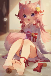Rule 34 | 1girl, :3, :d, absurdres, ahoge, animal ear fluff, animal ears, barefoot, bell, bow, cat ears, cat girl, cat tail, commentary request, fang, foot focus, foreshortening, hair bell, hair ornament, hand up, highres, japanese clothes, jingle bell, kimono, knees up, lmonster guai, long hair, long sleeves, looking at viewer, obi, open mouth, original, pink hair, purple eyes, sash, sitting, sleeves past fingers, sleeves past wrists, smile, soles, solo, striped, striped bow, tail, very long hair, white kimono