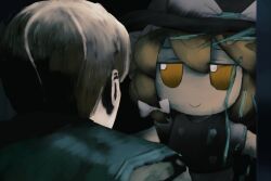 Rule 34 | 1boy, 1girl, black headwear, blonde hair, check copyright, closed mouth, copyright request, crossover, fumo (doll), hair between eyes, hat, highres, iesonatana, james sunderland, kirisame marisa, long hair, looking at another, short hair, sidelocks, silent hill, silent hill (series), silent hill 2, smile, touhou, witch hat, yellow eyes