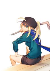 Rule 34 | 1girl, ahoge, akisa yositake, alternate costume, aqua eyes, aqua jacket, artoria pendragon (all), artoria pendragon (fate), blonde hair, bow, casual, contemporary, denim, denim shorts, fate/grand order, fate/stay night, fate (series), from behind, hair bow, hand on leg, hand on own thigh, highres, holding, holding weapon, jacket, jockey, looking at viewer, mysterious heroine x (fate), over shoulder, ponytail, rojiura satsuki : chapter heroine sanctuary, saber (fate), serious, shorts, simple background, sitting, solo, track jacket, weapon, weapon over shoulder, white background, wooden floor
