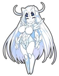 Rule 34 | 1girl, antennae, arthropod girl, bad id, bad twitter id, black outline, blue eyes, breasts, chibi, colored skin, closed eyes, full body, hair intakes, highres, large breasts, legs together, long hair, looking at viewer, monster girl, multiple views, nude, original, outline, scleriteaeaeaggadah, slugbox, smile, solo, standing, very long hair, white background, white hair, white skin