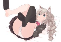 Rule 34 | animal ear fluff, animal ears, blouse, bow, bowtie, braid, cat ears, collared shirt, commentary request, commission, feet, flat chest, foot focus, greek toe, green eyes, hair between eyes, highres, kahlua (artist), knees together feet apart, layered sleeves, legs, legs up, long hair, lying, necktie, open mouth, original, panties, pillow, red bow, red bowtie, school uniform, shirt, silver hair, skeb commission, skirt, soles, solo, sweatdrop, thighhighs, thighhighs pull, thighs, toes, twin braids, underwear, upskirt, white background, white shirt
