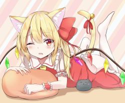 Rule 34 | 1girl, animal ear fluff, animal ears, bell, blonde hair, cat day, cat ears, cat tail, commentary request, crystal, fang, flandre scarlet, frilled skirt, frills, hair between eyes, hair ribbon, highres, iyo (ya na kanji), jingle bell, kemonomimi mode, leg lift, looking at viewer, lying, no headwear, no headwear, no shoes, on stomach, one eye closed, open mouth, pantyhose, parted lips, pillow, puffy short sleeves, puffy sleeves, red eyes, red ribbon, red skirt, red vest, ribbon, shirt, short sleeves, skirt, slit pupils, solo, striped, striped background, stuffed animal, stuffed cat, stuffed toy, tail, tail bell, tail ornament, tail ribbon, touhou, vest, white pantyhose, white shirt, wings, wrist cuffs, yellow neckwear