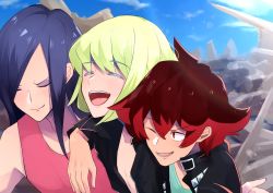 Rule 34 | 3boys, absurdres, arm around shoulder, bad id, bad pixiv id, black jacket, blue sky, day, closed eyes, eyeshadow, green hair, gueira, hair over one eye, highres, jacket, lio fotia, long hair, looking at viewer, makeup, male focus, meis (promare), multiple boys, open mouth, promare, red eyes, red hair, sky, sleeveless, smile, upper body