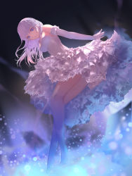 Rule 34 | 1girl, bad id, bad pixiv id, bare shoulders, blue eyes, breasts, dress, elbow gloves, frilled dress, frilled skirt, frills, from behind, full body, gloves, jname, leaning forward, long hair, looking at viewer, looking back, medium breasts, original, parted lips, pink lips, skirt, solo, strapless, strapless dress, white dress, white gloves, white hair