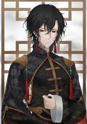 Rule 34 | 1boy, architecture, bishounen, black hair, black nails, chinese clothes, earrings, east asian architecture, ensemble stars!, floral print, hair between eyes, highres, jewelry, light smile, long sleeves, looking at viewer, makura wet, male focus, nail polish, red eyes, sakuma rei (ensemble stars!), smile, solo, standing, tassel, tassel earrings, tattoo, tattoo on neck, upper body