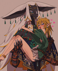 Rule 34 | 2boys, archaic set (zelda), blonde hair, blue eyes, blush, carrying, claws, furry, furry male, furry with non-furry, grey background, hair between eyes, heart, horns, interspecies, jewelry, kokekokeimo, link, long hair, male focus, multiple boys, nintendo, open mouth, pointy ears, princess carry, rauru (tears of the kingdom), simple background, sweat, the legend of zelda, the legend of zelda: tears of the kingdom, very long ears, white hair, zonai