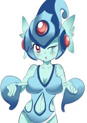 Rule 34 | breasts, colored skin, digimon, digimon frontier, green skin, helmet, monster girl, pocking, pocking breasts, ranamon, red eyes, swimsuit, white background, wink