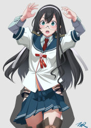 Rule 34 | 1girl, arms up, black hair, blue sailor collar, blue skirt, commentary request, cowboy shot, green eyes, grey background, hairband, highres, hip vent, holding, kantai collection, long hair, looking at viewer, neckerchief, ooyodo (kancolle), open mouth, pleated skirt, red neckerchief, sailor collar, school uniform, semi-rimless eyewear, serafuku, silhouette, simple background, skirt, solo, t2r, thighhighs, under-rim eyewear