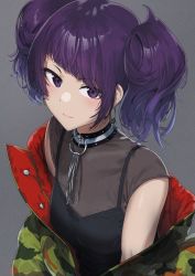 1girl, bangs, blunt bangs, blush, camisole, camouflage, camouflage jacket, collar, earrings, eyeliner, grey background, highres, hoop earrings, idolmaster, idolmaster shiny colors, jacket, jewelry, looking at viewer, makeup, noeru, off shoulder, open clothes, open jacket, purple eyes, purple hair, see-through, short twintails, smile, solo, tanaka mamimi, twintails, upper body