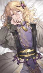 Rule 34 | 1boy, bead bracelet, beads, bishounen, blonde hair, bracelet, chinese clothes, commentary request, felix louis-claude mont d&#039;or, flower, frilled sleeves, frills, from above, from argonavis, gold trim, hagino kouta, hair between eyes, highres, jewelry, long bangs, long hair, lying, male focus, obi, on back, petals, prayer beads, purple eyes, sash, solo, tassel, upper body