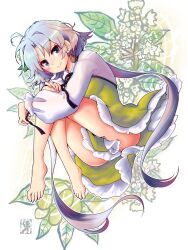 Rule 34 | 1girl, ahoge, ass, barefoot, carbohydrate (asta4282), dress, earrings, floral background, flower, frilled dress, frills, full body, hair flower, hair ornament, highres, jewelry, long sleeves, looking at viewer, low twintails, puffy long sleeves, puffy sleeves, purple eyes, purple hair, smile, solo, thighs, touhou, tsukumo benben, twintails, yellow dress