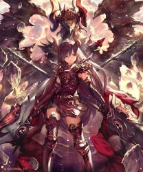 Rule 34 | 10s, 1girl, absurdres, armor, backlighting, belt, boots, bow, breasts, cloud, company name, day, detached collar, dragon, dragon horns, draph, dress, dual wielding, elbow gloves, forte (shingeki no bahamut), gloves, head tilt, highres, holding, horns, light particles, long hair, looking to the side, monster, pauldrons, polearm, purple dress, purple footwear, purple gloves, purple hair, rock, serious, sharp teeth, shingeki no bahamut, short dress, shoulder armor, size difference, small breasts, solo, spread wings, stance, sunlight, tachikawa mushimaro, teeth, thigh boots, thighhighs, thighs, very long hair, weapon, wings