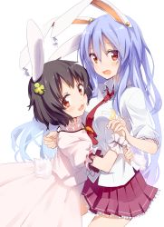 Rule 34 | 2girls, :3, animal ears, brown eyes, brown hair, carrot necklace, clover hair ornament, fang, four-leaf clover hair ornament, gotyou, hair ornament, holding hands, inaba tewi, jewelry, looking at viewer, multiple girls, necklace, necktie, open mouth, pendant, pleated skirt, purple hair, rabbit ears, rabbit girl, rabbit tail, red eyes, reisen udongein inaba, simple background, skirt, tail, touhou