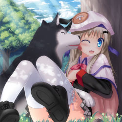 Rule 34 | 1girl, blonde hair, blue eyes, cape, censored, convenient censoring, convenient leg, dinyc, dog, fang, hat, licking, little busters!, long hair, noumi kudryavka, one eye closed, plaid, plaid skirt, school uniform, skirt, solo, strelka, thighhighs, tree, wink
