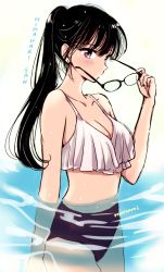 Rule 34 | 1girl, bare shoulders, bikini, black-framed eyewear, black hair, blush, breasts, character name, cleavage, commentary request, copyright name, unworn eyewear, glasses, himawari-san, himawari-san (character), holding, holding removed eyewear, long hair, looking at viewer, medium breasts, mismatched bikini, outdoors, partially submerged, ponytail, purple eyes, signature, sketch, solo, sugano manami, swimsuit, water, white background, white bikini