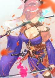 Rule 34 | 1girl, asymmetrical hair, autumn leaves, black thighhighs, blue eyes, blue kimono, blue sleeves, breasts, choker, cleavage, clothing cutout, collarbone, detached sleeves, fate/grand order, fate (series), floating hair, grey background, hair ornament, hair over one eye, hiiragi (karashriker), holding, holding sword, holding weapon, japanese clothes, jewelry, katana, kimono, large breasts, leaf, long hair, long sleeves, magatama, magatama necklace, maple leaf, midriff, miyamoto musashi (fate), miyamoto musashi (third ascension) (fate), navel, navel cutout, necklace, over shoulder, pink hair, ponytail, short kimono, sleeveless, sleeveless kimono, smile, solo, standing, stomach, sword, sword over shoulder, thighhighs, weapon, weapon over shoulder, wide sleeves