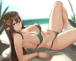 Rule 34 | 1girl, bikini, blue eyes, blurry, bracelet, breasts, brown hair, brown haired glasses elf (houtengeki), cleavage, cleft of venus, closed mouth, day, depth of field, elf, expressionless, flower, from side, green bikini, hair between eyes, hair flower, hair ornament, houtengeki, jewelry, large breasts, leg up, long hair, looking at viewer, lying, navel, on back, original, outdoors, pointy ears, solo, strap gap, string bikini, swimsuit