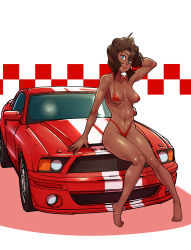 Rule 34 | 1990s (style), 1girl, abs, absurdres, arm up, barefoot, bikini, black hair, blue eyes, breasts, brown hair, car, covered erect nipples, dark-skinned female, dark skin, ford, ford mustang, ford mustang s197, gunsmith cats, highleg, highleg bikini, highleg swimsuit, highres, john doe (jdart), knees together feet apart, lipstick, looking at viewer, makeup, md5 mismatch, micro bikini, motor vehicle, navel, on vehicle, rally vincent, red bikini, resized, resolution mismatch, retro artstyle, shiny skin, short hair, simple background, sitting, smile, solo, source smaller, swimsuit, toes, toned, upscaled, vehicle, very dark skin