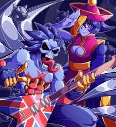 Rule 34 | 1boy, 1girl, blue skin, breasts, claws, cleavage cutout, clothing cutout, colored skin, electric guitar, guitar, hat, highres, instrument, large breasts, lei lei, long sleeves, maxicranky, medium hair, purple hair, red eyes, short hair, sleeves past wrists, tongue, tongue out, topless male, vampire (game), wide sleeves, zabel zarock, zombie