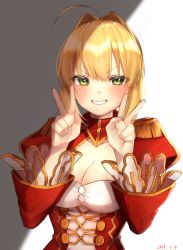 Rule 34 | 1girl, ahoge, blonde hair, blush, breasts, cleavage, dated, double v, epaulettes, fate/extra, fate (series), green eyes, highres, large breasts, long sleeves, looking at viewer, nero claudius (fate), nero claudius (fate), nero claudius (fate/extra), short hair, smile, solo, teeth, upper body, v, yayoi maka