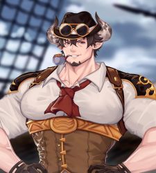 Rule 34 | 1boy, absurdres, bara, barawa, black gloves, black hair, brown eyes, draph, facial hair, gloves, goatee, granblue fantasy, hands on own hips, hat, highres, horns, kimakkun, large pectorals, looking at viewer, male focus, muscular, muscular male, pectorals, pipe in mouth, pointy ears, shirt, short hair, smile, smoking pipe, solo, sunglasses, teeth, white shirt