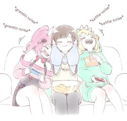 Rule 34 | &gt; &lt;, 3girls, amano pikamee, artist self-insert, black skirt, blonde hair, blue shirt, blush, bowl, commentary, controller, couch, covering own ears, demon horns, english commentary, english text, food, green hoodie, hand on own chest, holding, holding controller, hood, hoodie, horns, ironmouse, ironmouse (1st costume), joy-con, laughing, multiple girls, off-shoulder sweater, off shoulder, original, pink hair, pink sweater, popcorn, sharp teeth, shirt, skirt, smile, suspenders, sweater, sweater tucked in, tama gotoh, tearing up, teeth, twintails, vest, virtual youtuber, voms, vshojo, yellow vest, yoruny