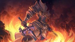 Rule 34 | armor, black armor, cygames, fire, from side, full armor, jun (princess connect!), official art, princess connect!, solo, sword, weapon