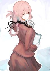 Rule 34 | 1girl, black ribbon, braid, clipboard, commentary request, fate/grand order, fate (series), florence nightingale (fate), from behind, gloves, hair ribbon, hand on own chin, harutask, highres, long hair, looking at viewer, military, military uniform, pink hair, red eyes, red skirt, ribbon, single braid, skirt, solo, uniform, white background, white gloves