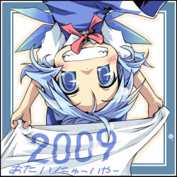 Rule 34 | 00s, 1girl, 2009, arms up, blue eyes, blue hair, cirno, embodiment of scarlet devil, female focus, gradient background, grin, ham (points), holding, matching hair/eyes, new year, short hair, smile, solo, touhou, translated, upper body, upside-down, white background