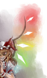 Rule 34 | 1girl, bad id, bad pixiv id, blonde hair, crazy, crazy eyes, evil grin, evil smile, female focus, flandre scarlet, grin, hat, hosoi kouzou, peeking out, red eyes, smile, solo, touhou, wings, yandere