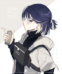 Rule 34 | 1girl, andreana (arknights), andreana (silent arrow) (arknights), arknights, black shirt, blue hair, closed mouth, figmnts, glasses, grey background, grey eyes, hand up, highres, jacket, layered sleeves, long sleeves, multicolored hair, open clothes, open jacket, shirt, short over long sleeves, short sleeves, solo, streaked hair, turtleneck, two-tone background, upper body, white background, white hair, white jacket