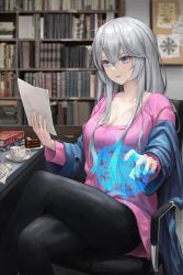 Rule 34 | 1girl, absurdres, blue eyes, book, book stack, bookshelf, breasts, bulletin board, chair, check copyright, cleavage, collarbone, commentary request, copyright request, crossed legs, cup, fingernails, grey hair, hair between eyes, highres, holding, holding paper, ildy, jacket, jacket partially removed, korean commentary, large breasts, long hair, magic circle, original, paper, pink shirt, plate, shirt, sitting, solo, table, teacup